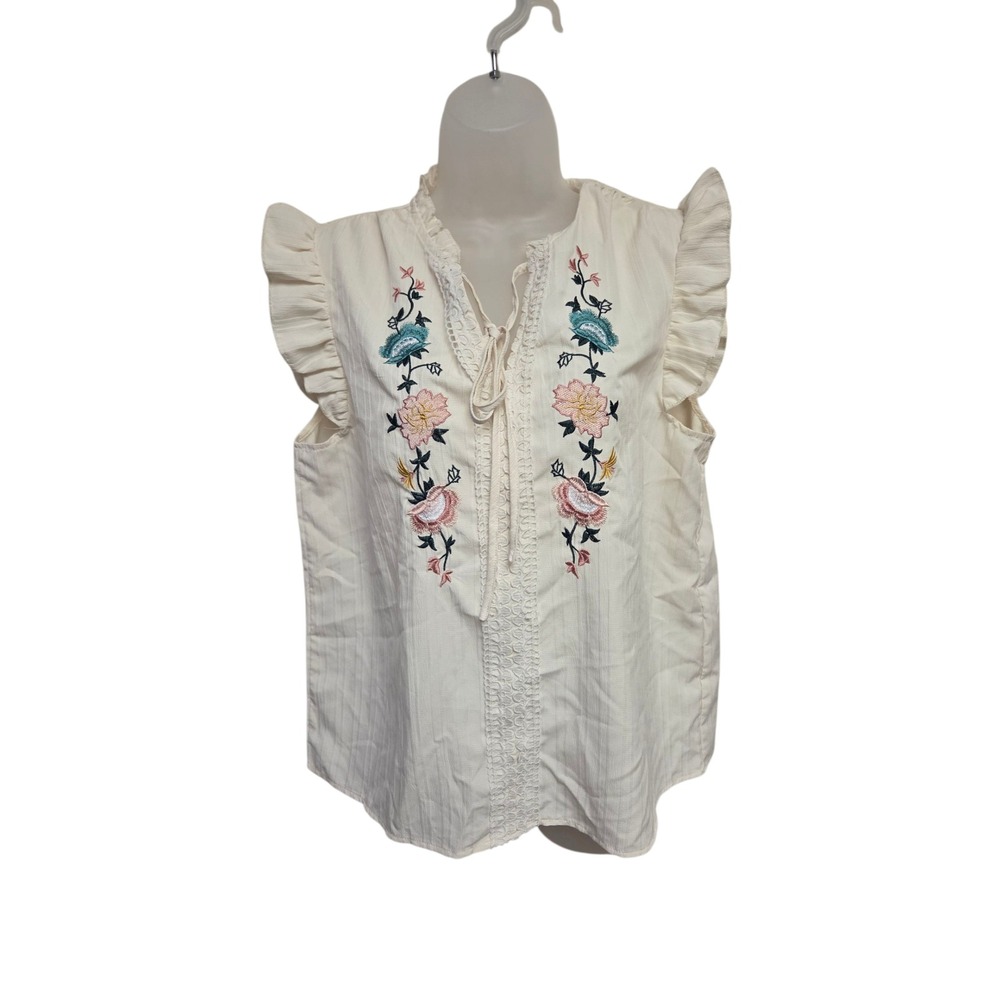 Sleeveless Top Floral Embroidered Ruffle Trim Boho‎ Blouse Cream Size L